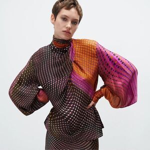 Zara Multicolored Printed Bow Blouse Size S • BLOGGER FAVORITE •